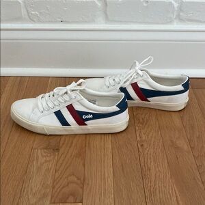 Gola Women’s White Canvas Sneakers with Dark Red and Blue Stripes - 9